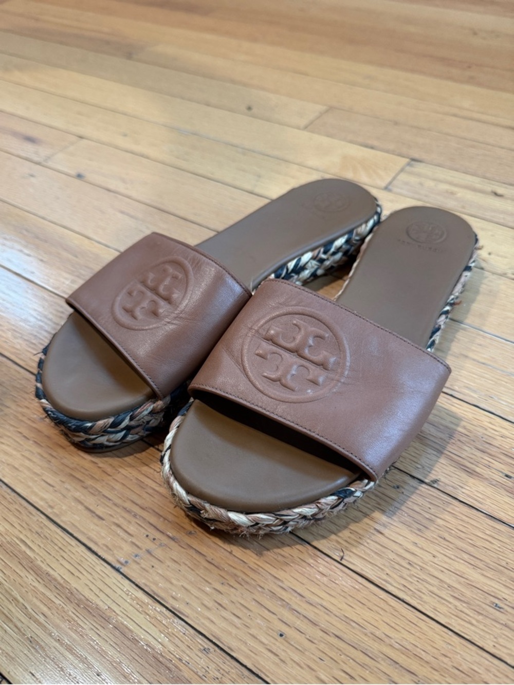 Tory Burch Cognac Leather Logo Slide Espadrilles